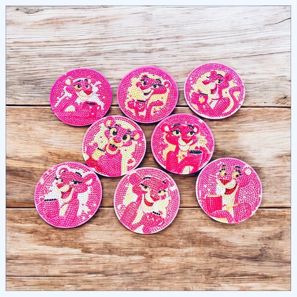 Hand Crafted Other - NEW Pink Panther Coasters Set of 8 with Holder Diamond Art Hand Crafted & Sealed